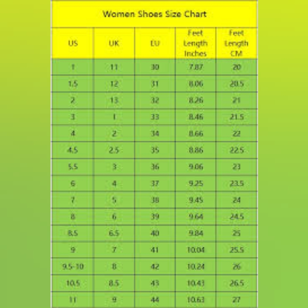 CHART FOR SHOE SIZE CONVERSION